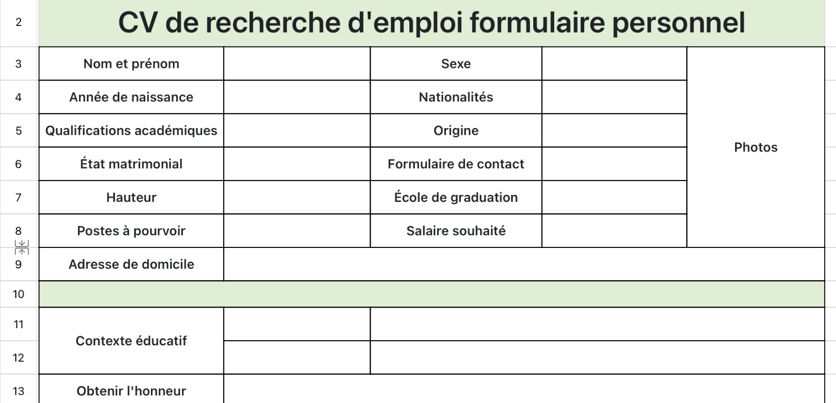 CV de recherche d'emploi formulaire personnel
